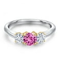 thumbnail image 3 of Gem Stone King 925 Silver and 10K Yellow Gold Pink Created Sapphire and White Moissanite Engagement Ring for Women | 1.01 Cttw | Round 5MM | Gemstone September Birthstone | Size 7, 3 of 7
