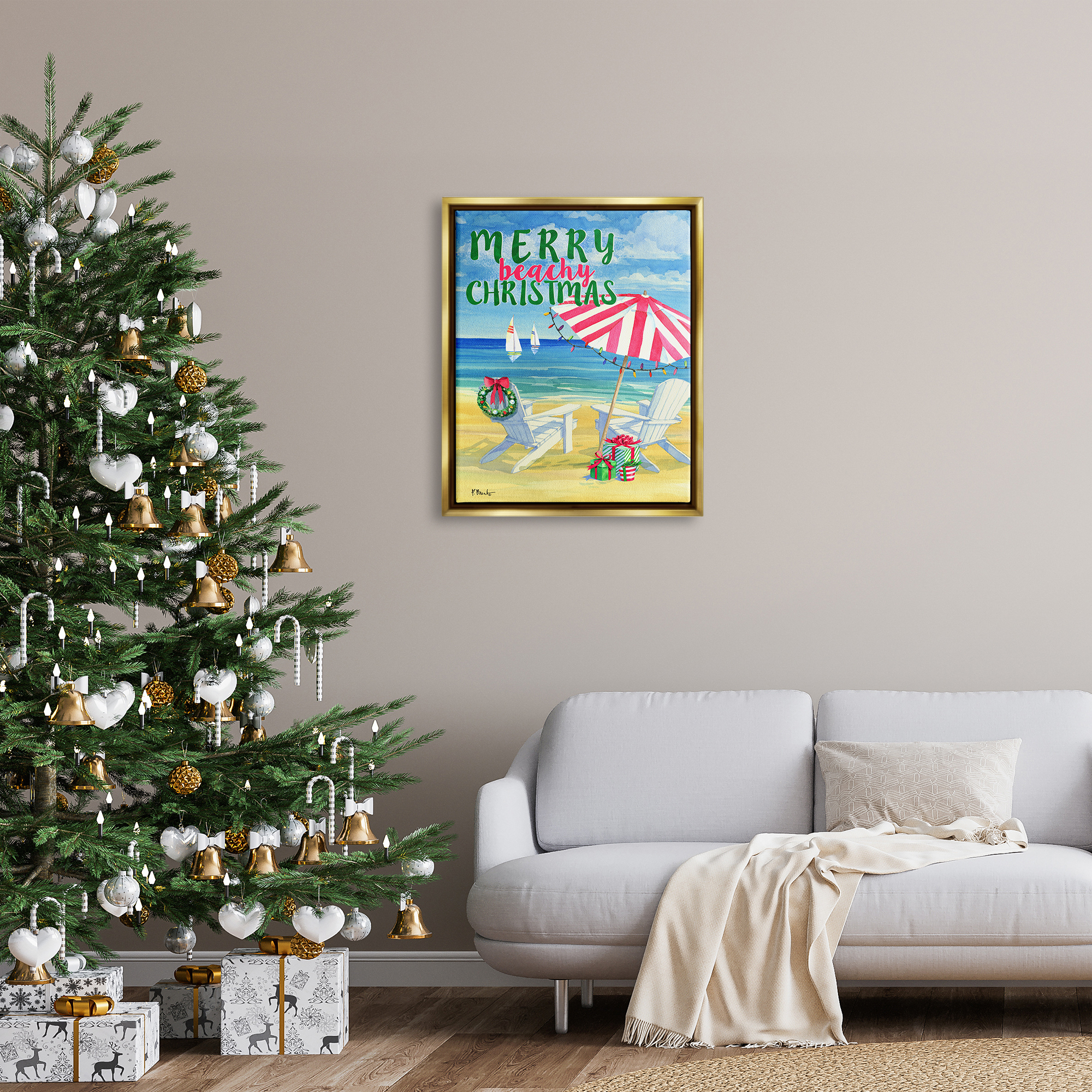 Stupell Industries Merry Beachy Christmas Holiday Painting Gold Floater Framed Art Print Wall Art, 25 x 31