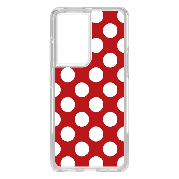 DistinctInk Clear Shockproof Hybrid Case for Galaxy S21 ULTRA 5G (6.8" Screen) - TPU Bumper, Acrylic Back, Tempered Glass Screen Protector - White & Red Polka Dots