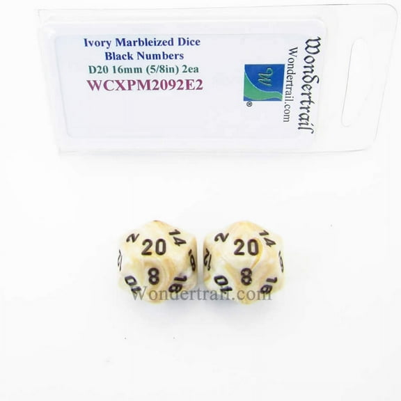 Ivory Marbleized Dice with Black Numbers D20 16mm (5/8in) Pack of 2 Wondertrail
