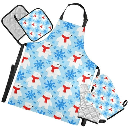 Ryvnso Snowflakes Bears Kitchen Apron Oven Mitts Set Pot Holders