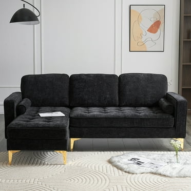 UbesGoo L Shaped Sectional Sofa, 3-Seater Couch with Chaise Chenille Fabric for Living Room Small Room Black