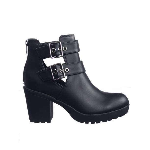 SODA - Recent by Soda, Open Buckle Side Slit Cutout Threaded Lug Sole Ankle Combat Bootie