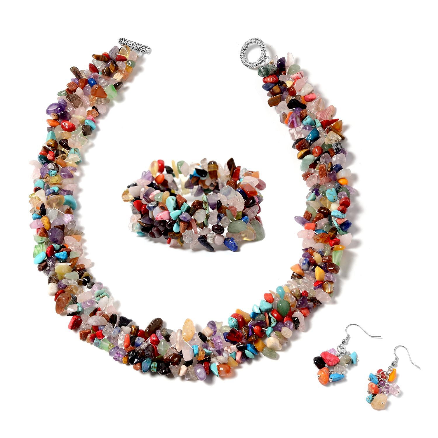 Five Layers Multi Color Lucite Bead Tri Tone Bead Necklace Earring Set 