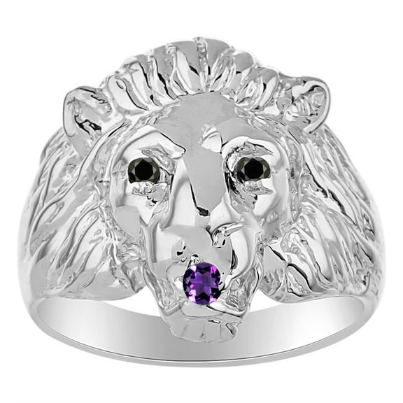 RYLOS 14K White Gold Lion Head Ring; Black Diamonds Eyes & Gemstone in Mouth Fun Designer Rings - Amethyst Mens Jewelry Size 6