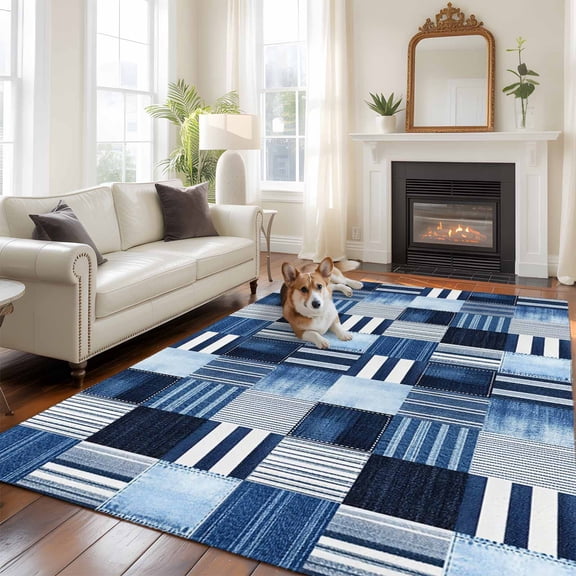 6'x9' Area Rugs, Blue White Plaid Indoor Outdoor Area Rug for Living Room Bedroom, Modern Geometric Striped Checkered Washable Bathroom Rugs Kitchen Floor Carpet Mats Home Decor Aesthetic