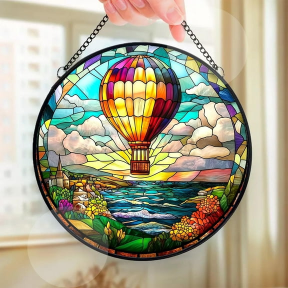 Hot air Balloon at The Edge of The Ocean Suncatcher Indoor/Outdoor Stained Glass Window Hanging Handmade Suncatchers Decoration for Home Garden Christmas Party Wedding Housewarming Gift