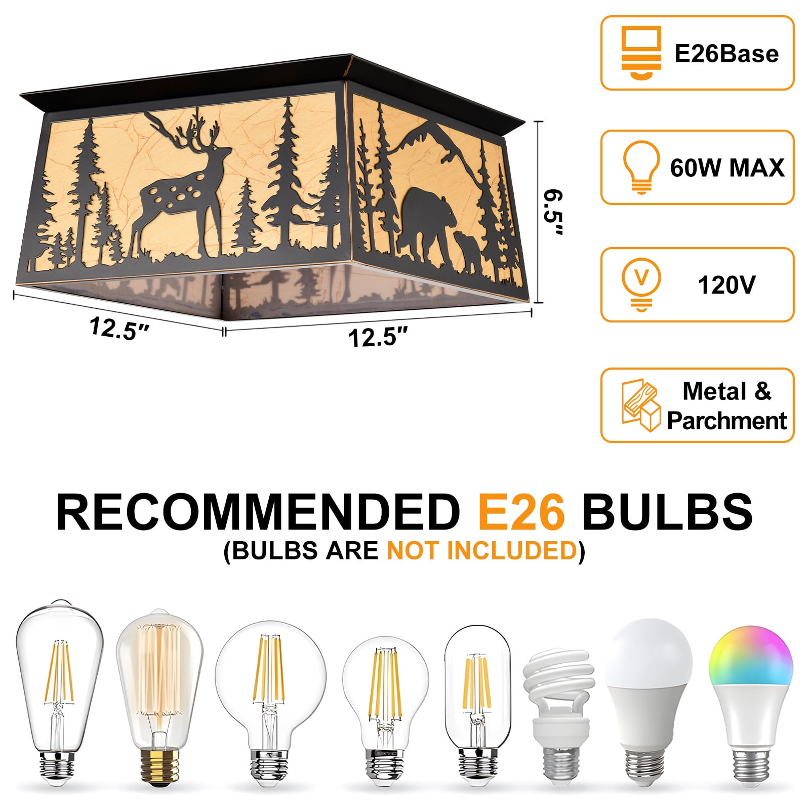 Sunnyin Farmhouse Ceiling Light Deer Bear Rustic 2-Light Black Fixture