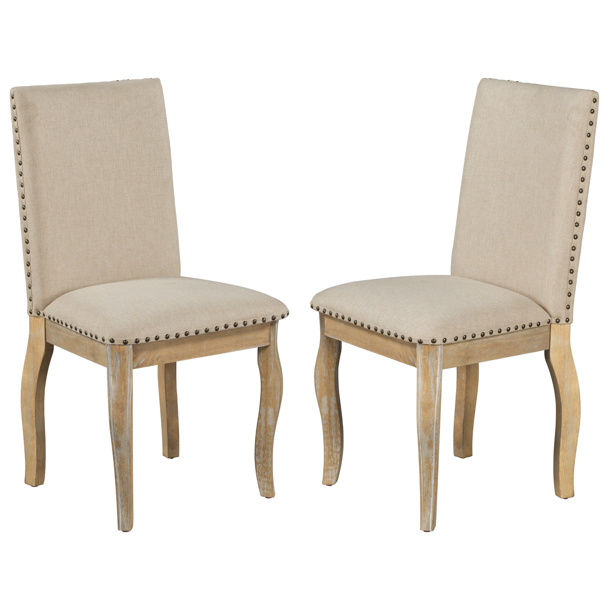 PORKISS Set of 2 Dining Chairs, High Back Upholstered Kitchen Chairs with Solid Wood Frame, Curved Legs and Bronze Nailhead Trim, Natural Finish with White Fabric