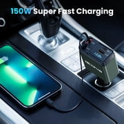 NEXPOW Retractable Car Charger Adapter, 150W Fast Charger for Car, 4 in 1 Car Phone Charger with Cables(2.6ft), 180° Adjustable,Voltage Display-Green