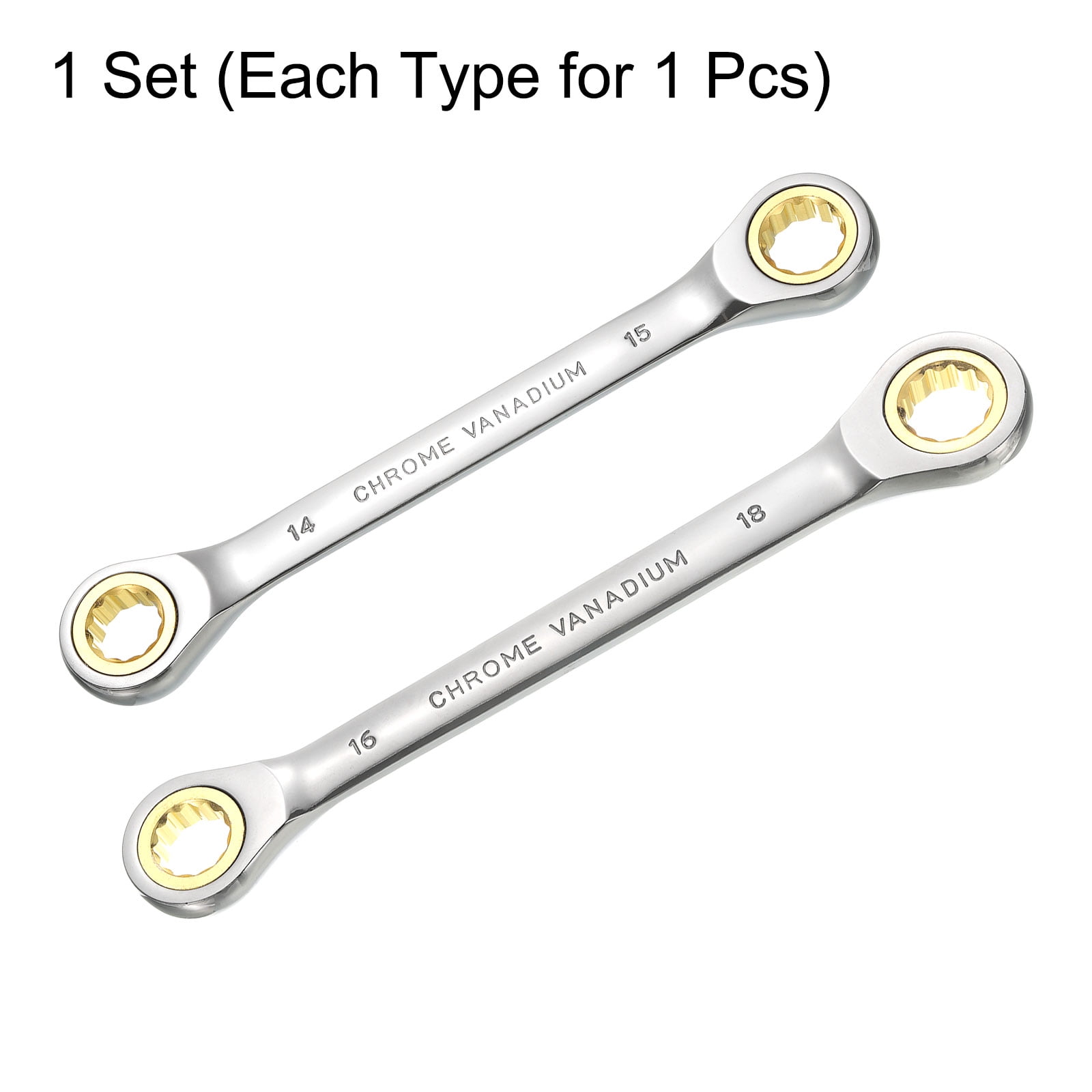 Uxcell 1 Set Double Box End Ratcheting Wrench 14 x 15mm / 16 x 18mm Metric 72 Tooth Ratchet Gear Spanner Tools