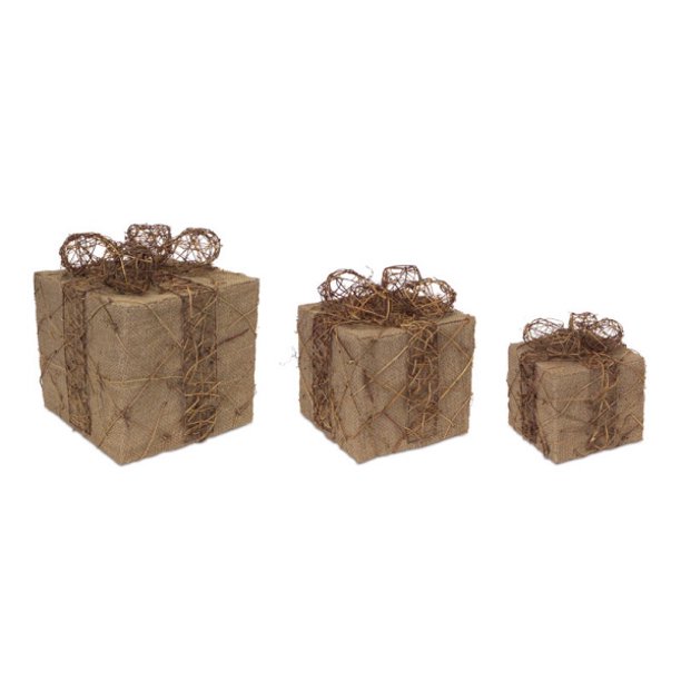 Set of 3 Lighted Natural Jute Rattan Gift Boxes Christmas Decorations