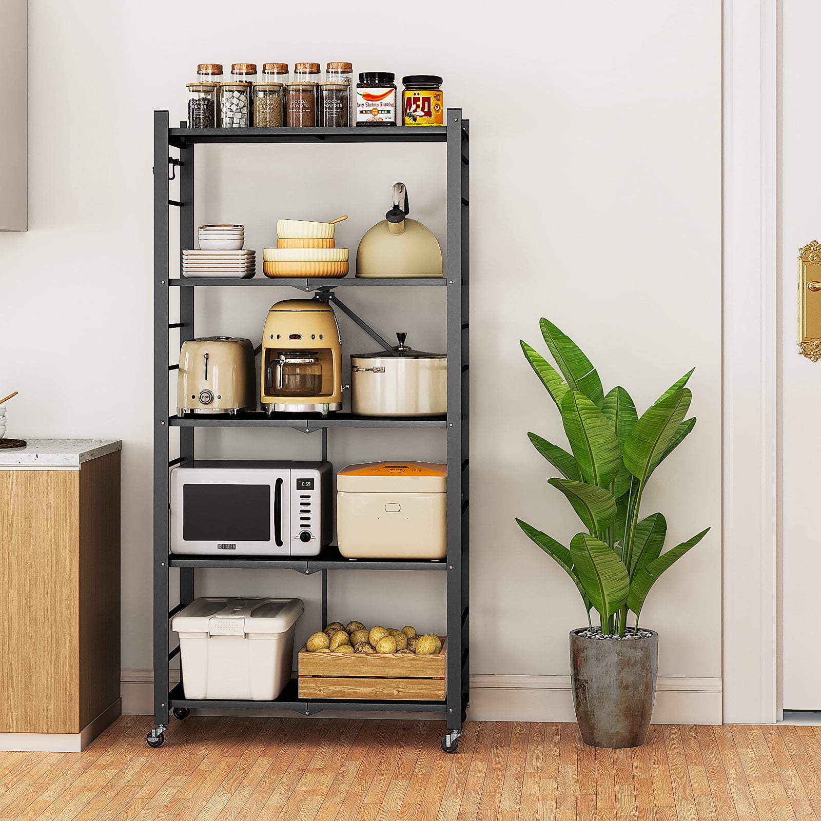 Fenbeli Storage Shelves,5-Tier Foldable Metal Wire Storage Shelf with Wheels, Heavy Duty Organizer Rack for Garage, Kitchen, Closet, Black