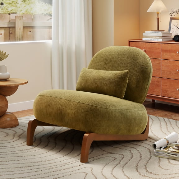Aukfa Velvet Accent Chair with Solid Wood Legs, Armless Living Room Chair with Soft Cushion, Modern Reading Chair for Living Room & Bedroom,Green