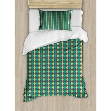 Hipster Twin Size Duvet Cover Set, Argyle Pattern with White Dotted Lines Vintage Traditional, Decorative 2 Piece Bedding Set with 1 Pillow Sham, Charcoal Grey Sea and Pale Green, by Ambesonne