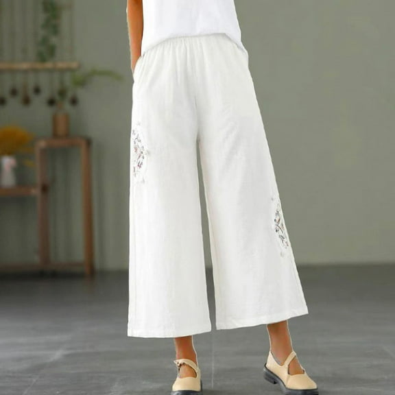 Sakmal Cotton Linen Pants Women Palazzo Wide Leg Ethnic High Waisted Embroidered White Ankle Length Pants