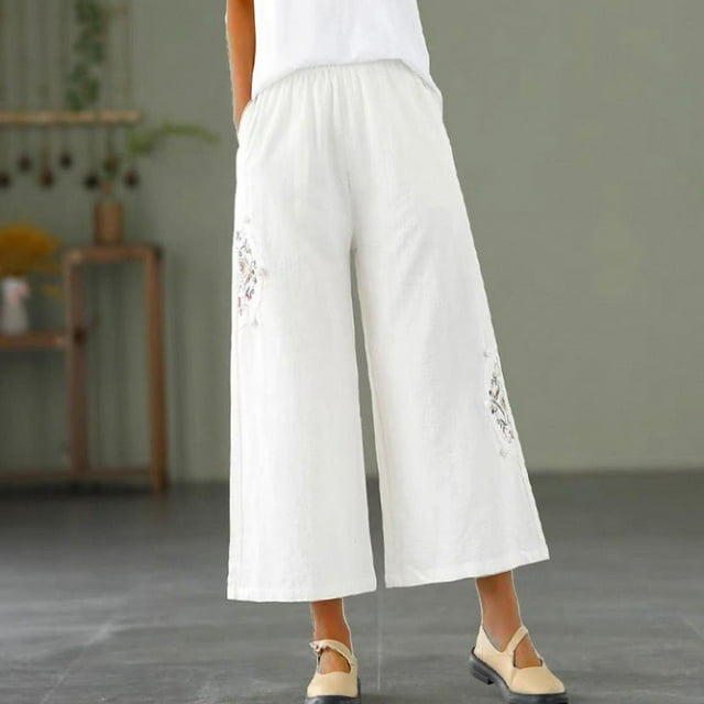 Babysbule Long Pants for Women Pants For Ladies Casual Summer Drawstring Elastic High Waist Linen Pant Pockets Cropped Trouser