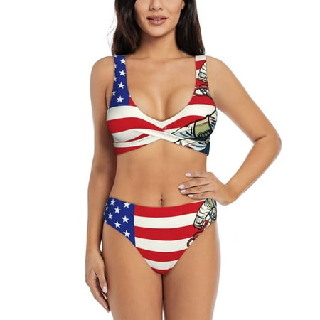 Zeuib American Astronaut Runs Forward High Waisted Tummy Control Bikini Set - Knot Front Push Up Top & Cheeky Thong Bottom  Two-Piece Swimsuit for Women-Small