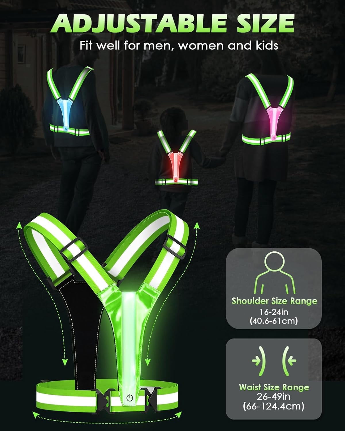 LED Reflective Vest Running Gear, 5 Lights Colors High Visibility Reflective Running Gear Rechargeable Light Up Running Vest for Walking Running Cycling, Adjustable for Men Women Kids (2 pack)
