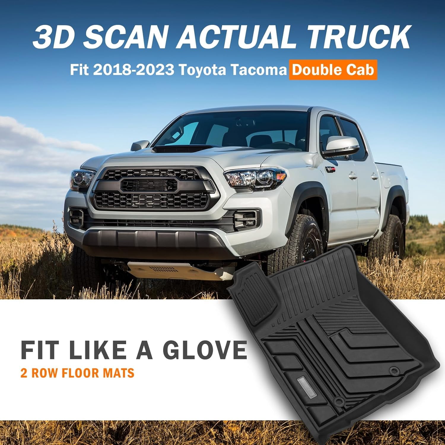 Canvcle Floor Mats for 2016-2023 Toyota Tacoma Double Cab(Automatic Only), All Weather TPE Rubber Floor Liners for Toyota Tacoma Accessories 2 Row High Edge
