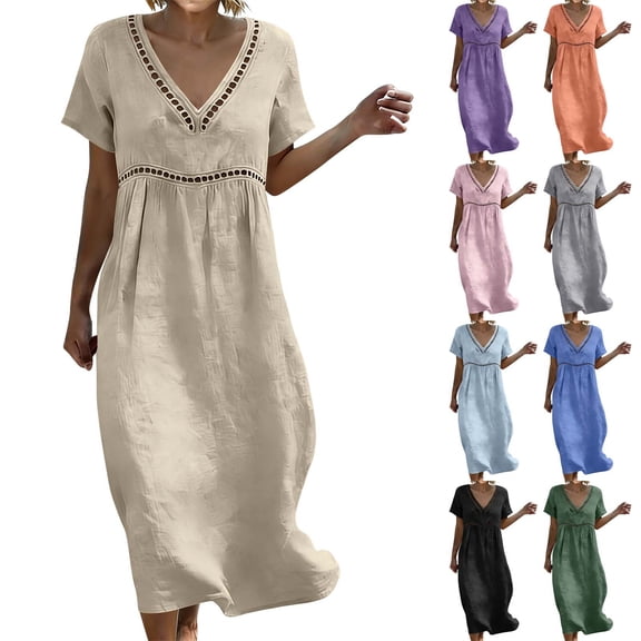 Plus Size Dresses for Womens 2026 Summer Fashion Cotton And Linen Solid Color Dress Short Sleeved V-neck Lace Trimmed Loose Casual Summer Beach Dress