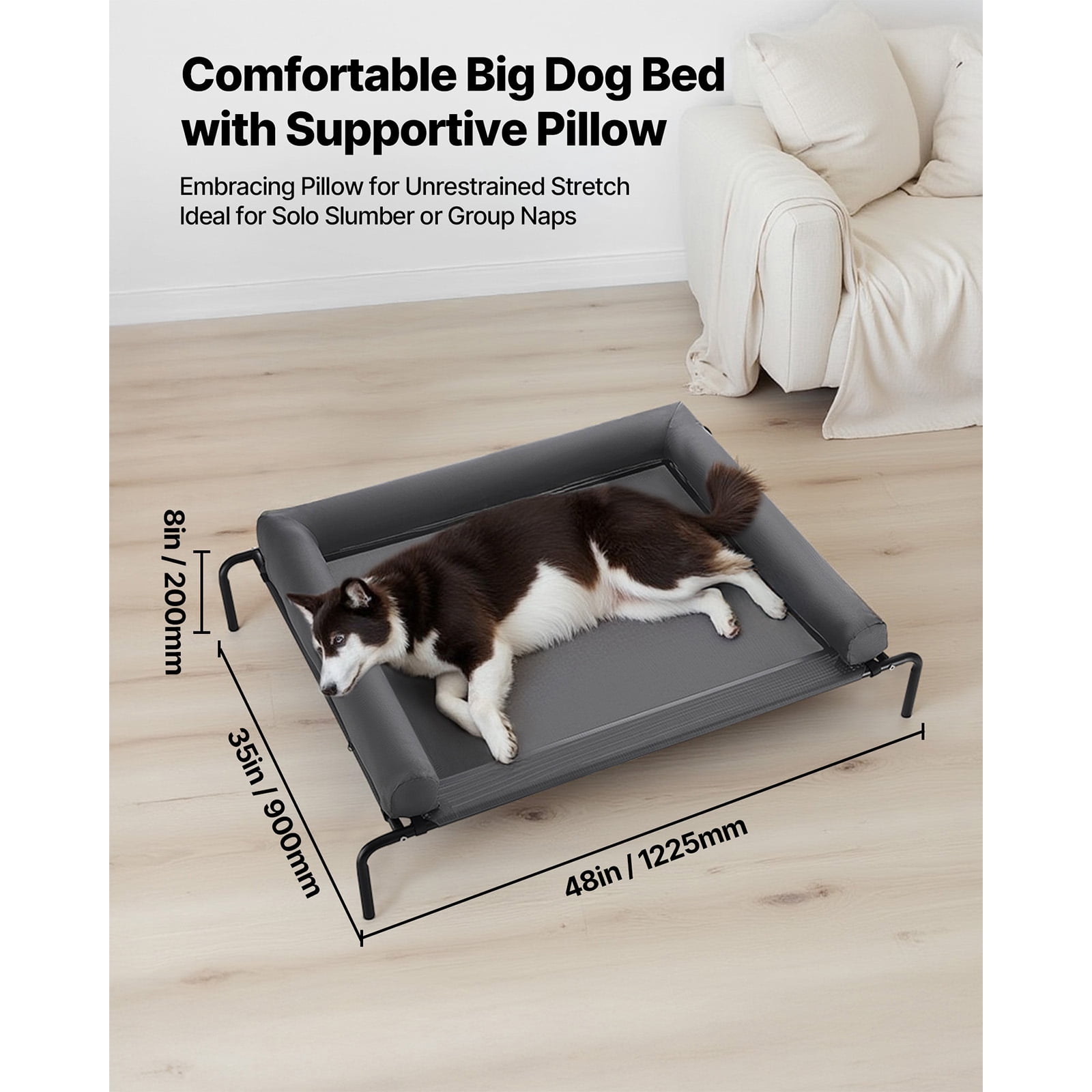 KFFKFF Elevated Dog Bed, 45" X 38" Pet Bed with Removable Pillow, Breathable Mesh, Durable Bed for Large Pet, Gray