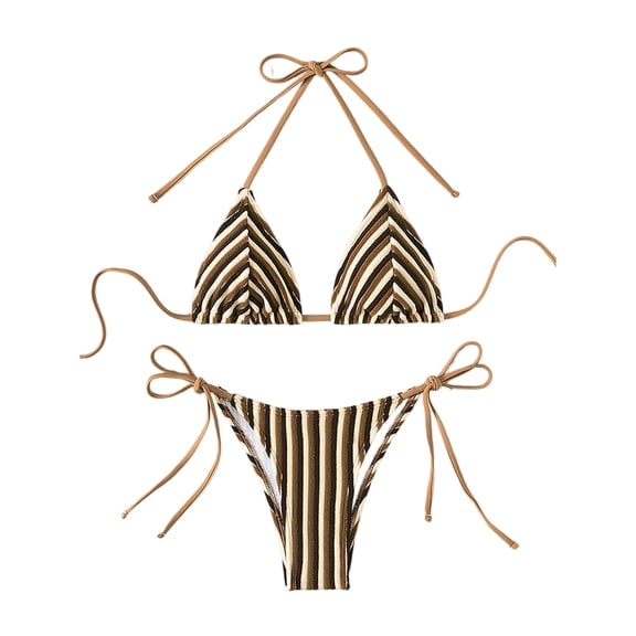 Delconic Women’s Triangle Bikini Set with Adjustable Halter Top and Tie Side Bottoms Striped Print Two Piece Swimsuit for Beach Pool