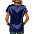 thumbnail image 4 of Satin Blouse for Women Business Casual Short Sleeve Tops Crewneck Silk Summer Shirt Dark Blue M, 4 of 6