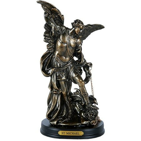 Saint Michael Archangel - 8 inches Tall Catholic Saint Archangel Michael Slaying Lucifer Decorative Figurine w/ wooden Base & Brass Name Plate