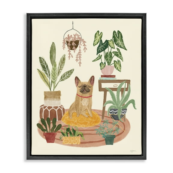 Stupell Industries Pug Dog with Plants Animals & Insects Painting Black Floater Framed Canvas Art Print Wall Art, 17 x 21