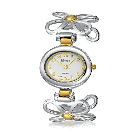 Bling Jewelry Womens Two Tone Daisy Flower Band White Oval Dial Cuff Watch Gold Plated