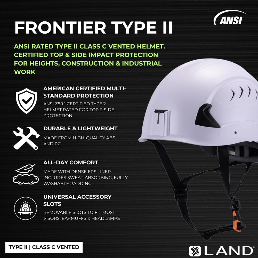Land Helmets Frontier Type 2 Class C Vented Safety Helmet - ANSI/ISEA Z89.1 Type II OSHA Compliant Hard Hat - White