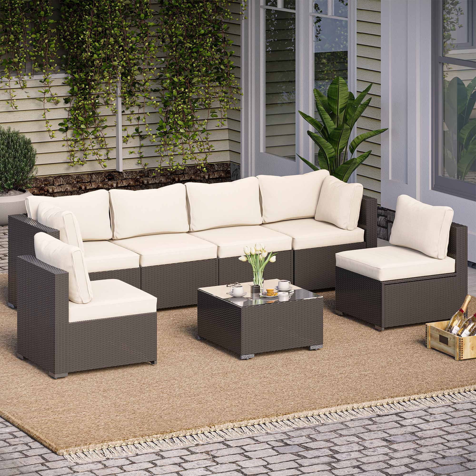 LAUSAINT HOME 7 Pieces Outdoor Furniture Set, Patio Sectional Conversation Set with 6 Chairs and 1 Coffee Table, Beige Cushions