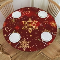 Christmas Round Tablecloth Red and Gold Snowflake Heart Farmhouse Table Cover with Elastic Edge Washable Fitted Table Cloth for Kitchen Patry Outdoor Decor Fits 40"-44", Small