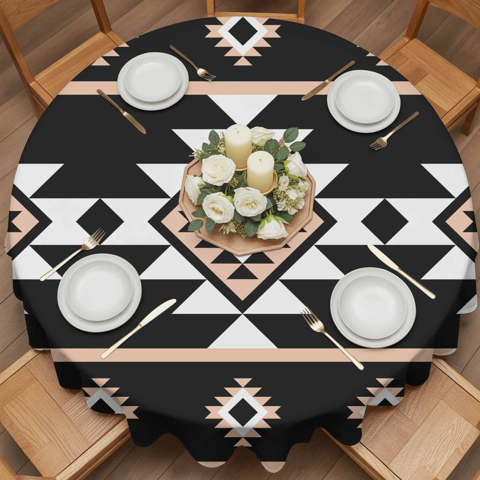 Round Tablecloth Retro Boho Waterproof Oil Proof Polyester Table Cloth Cover Decor for Home Dining Outdoor,Patio,Parties, 60" Dia. Aztec Western Tribal Pattern Black Brown