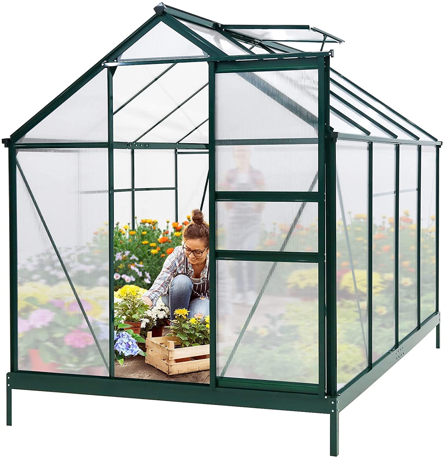 4HOMART Outdoor Green House 13x7x7 Walk-in Greenhouse with PE Cover,Strong Metal Frame,8 Windows and 1 Door with Roll-Up Zipper Door Plant Garden Green House