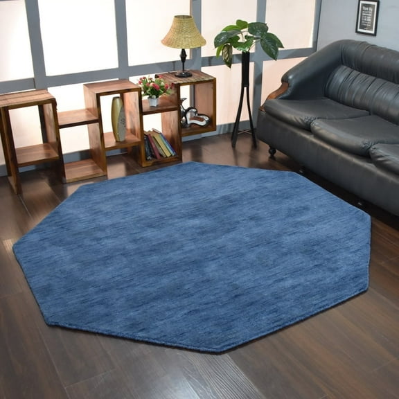 Rugsotic Carpets Handmade Rugs Hand Knotted Loom Octagon 6'x6' Blue Wool for Indoor Use