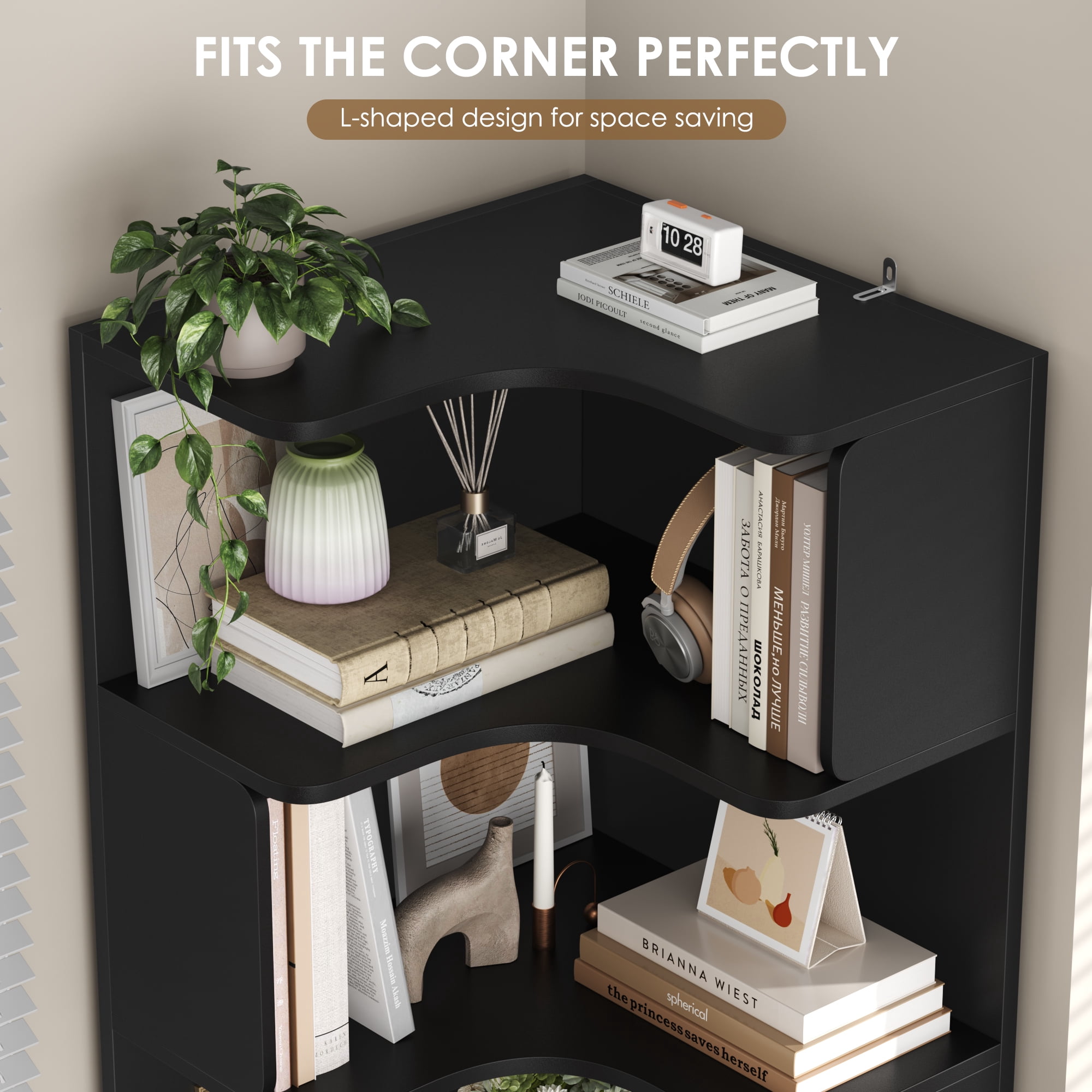 Hiphuta 77"Tall L-Shaped Corner Bookshelf with Drawers and Side Storage, Modern Wood Bookcase with 4-Tier Display Shelves Storage Cabinet for Living Room Home Office , Black & White