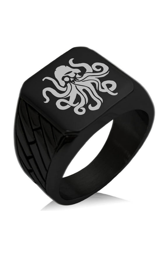 Stainless Steel Kraken Octopus Pirate Skull Geometric Pattern Biker Style Polished Ring