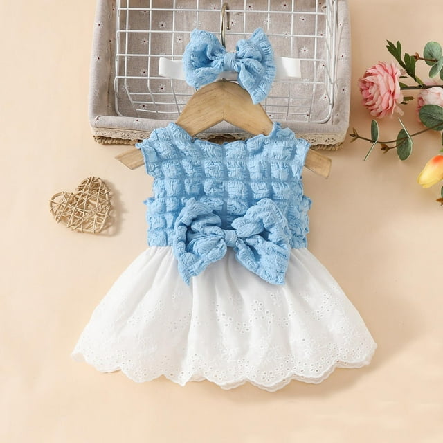 TopLLC Robe Sans Manches à Col Rond pour Filles, Couleur Unie, Dentelle avec Nœud, Bandeau, Ensemble Deux Pièces