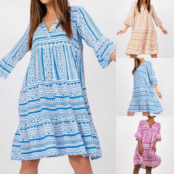 HAPIMO Women's Knee Length Loose Sundress Geometric Ethnic Print Tops Half Sleeve Clothing V Neck Elegant Casual Comfy Summer Dresses for Female Yellow L Rollbacks