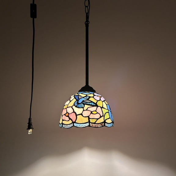 Tiffany Mini Hanging Lights Plug In Pink Blue Stained Glass Hummingbird Flowers LED Bulb 8”W*8”D*60”H