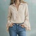 thumbnail image 2 of Tweang Linen Long Sleeve Shirt Women Cotton Linen Pleated Belt Pocket Loose Fit Tees Linen Shirts for Women Formal Work Blouses Rolled Cuffed Long Sleeve Blouse Collared Roll Up Long Sleeve Beige 2XL, 2 of 4