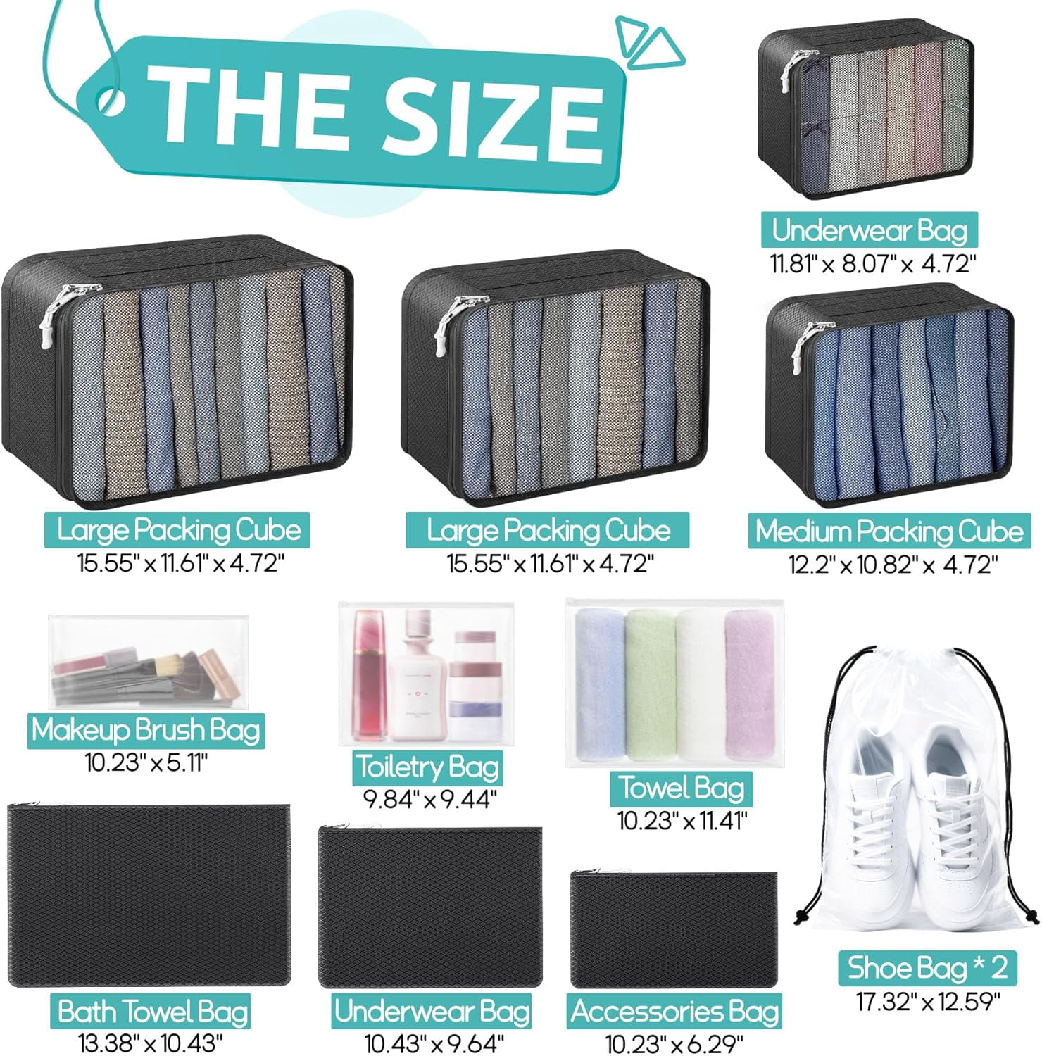 12-Piece Packing Cubes Set – Travel Essentials Luggage Organizer – Includes 4 Cubes + 3 Zip Pouches + 3 Waterproof Bags + 2 Shoe Bags – Lightweight Polyester – Beige/Pink/Black