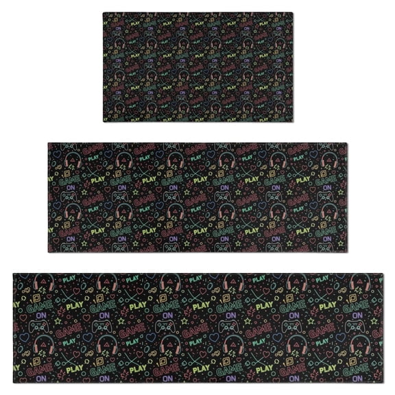Multicolor Controllers Games Icons Black Pattern Kitchen Rugs Sets Of 3,Kitchen Runner Rugs Non Skid Washable,Decorative Kitchen Floor Mats for Kitchen,Sink,Laundry,17"x30"  17"x47"   17"x59"