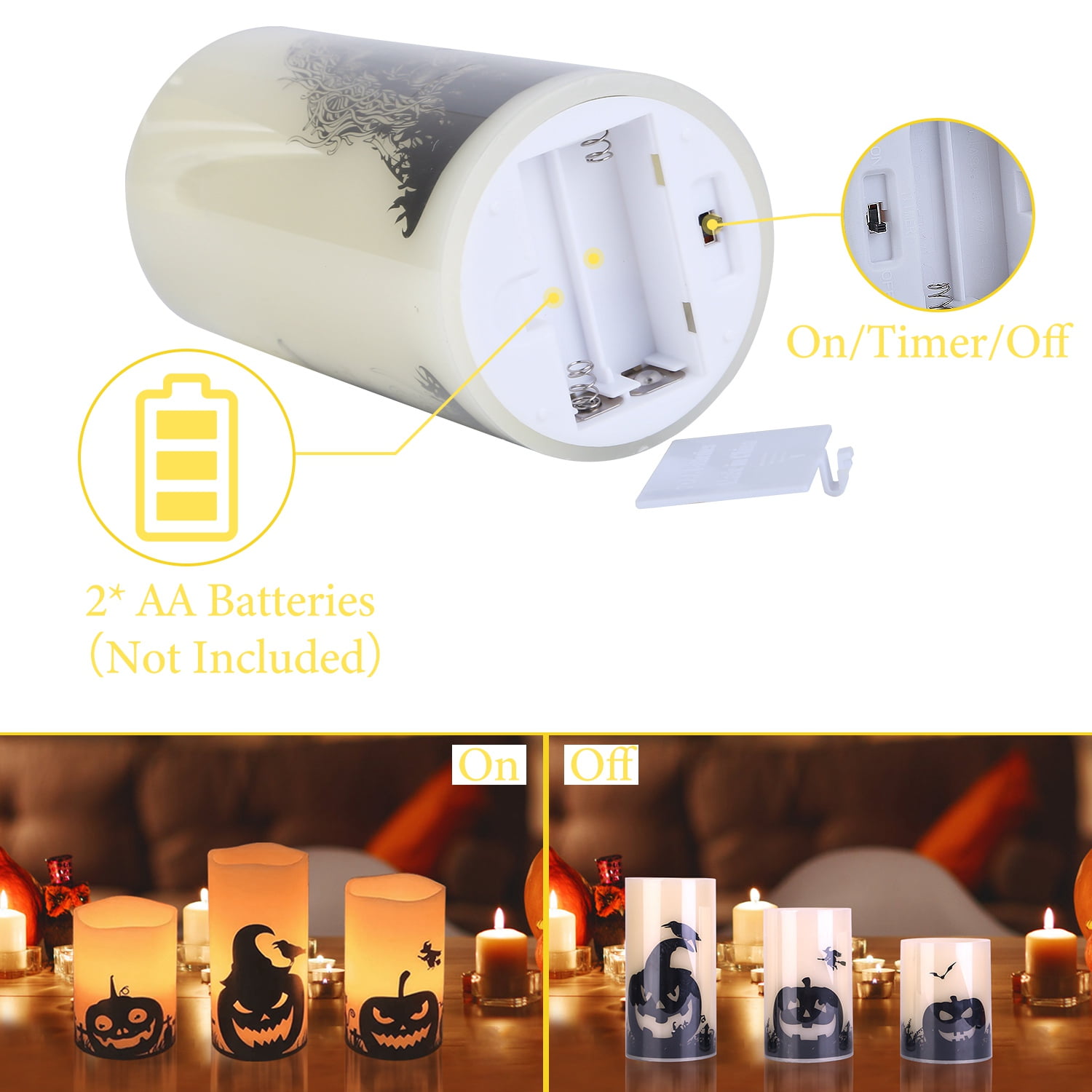 3Pcs Halloween Flameless Warm Orange Light Candle Lamp  Battery Operated Candles w/ Timer Setting