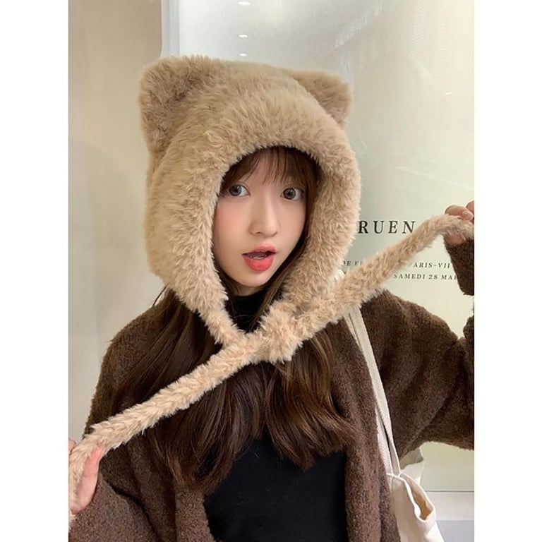 Women Khaki Winter Beanie Hats Knit Ear Flaps Cute Stuffed Bear Ears Fleece Cute Plush Faux Fur Cap with Ear Flaps Fuzzy Bear Hat Soft  main image 4