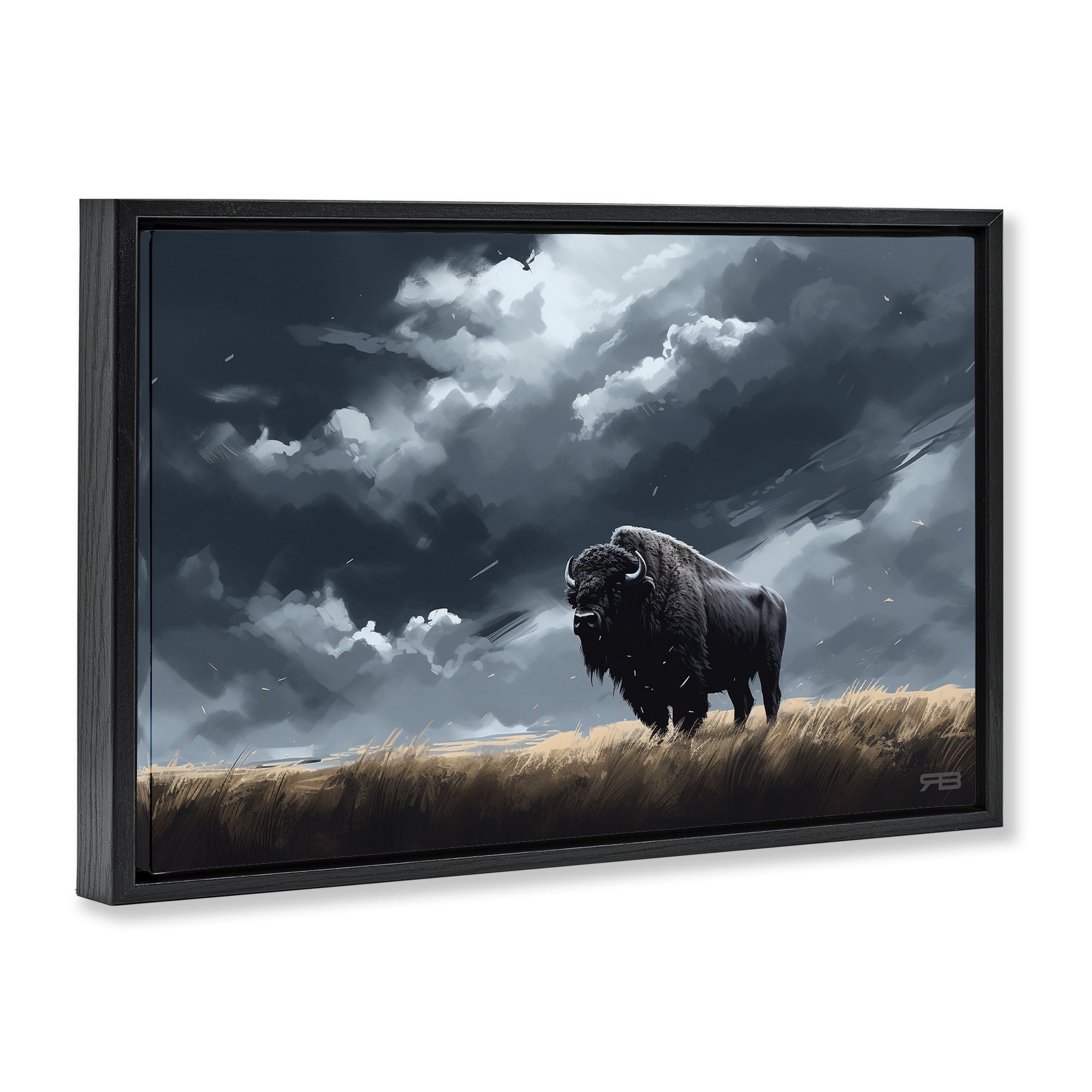 Stupell Industries Bison Silhouette with Clouds Landscape Painting Black Floater Framed Canvas Art Print Wall Art, 31 x 21