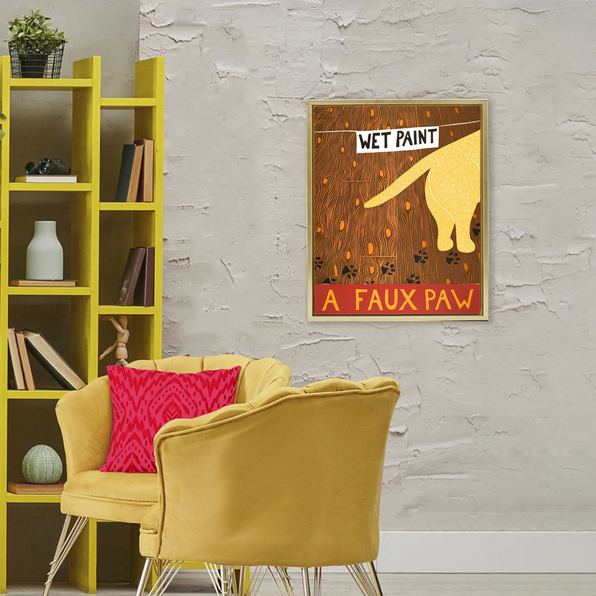Wet Paint Faux Paw Gold Framed Floater Canvas Wall Art, design by Stephen Huneck