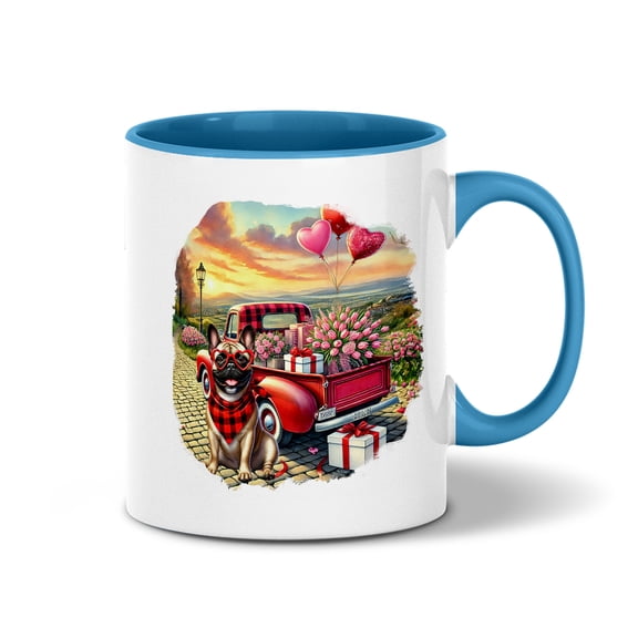 Be My Valentine's French Bulldog Truck Full of Love Flower Balloon 11oz Accent Two-tone Mug Dog Lover Gifts Coffee Tea Cup - 02029